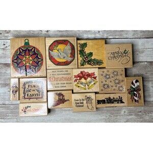 HUGE Lot of 14 Christmas (1990s) Wood Mounted Rubber Stamp VTG Various Brands